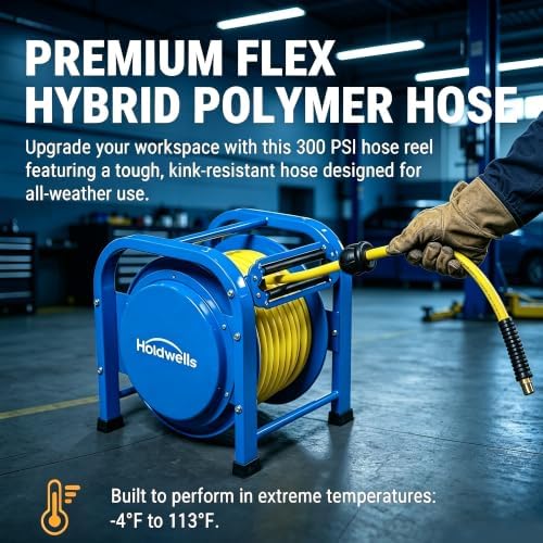Heavy Duty Retractable Air Hose Reel, 3/8" x 100FT Flex Hybrid Hose, 300PSI Max, Spring-Driven Steel Frame, Floor-Standing Quad Pod Design, Portable & Kink-Resistant - Image 5