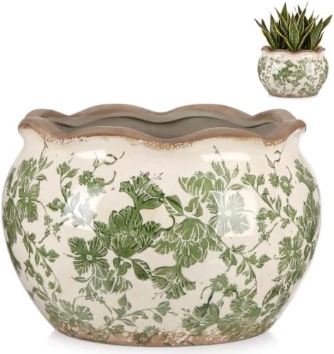 Geetery Ceramic Planter Pot 9.6 Inch Round Plant Pot, Vintage,Green,Medium by Geetery
