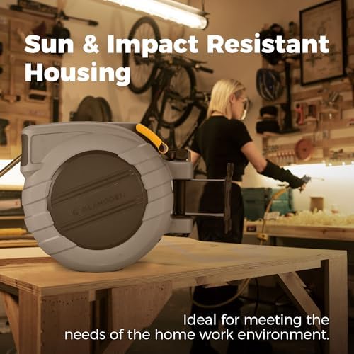 GLAHODEN Retractable Air Hose Reel, 3/8 in x 100 Ft Hybrid Hose Air Compressor Hose Reel with 6 Ft Lead in Max 300 PSI Patented Design for Any Length Lock 180°Swivel Bracket Quick Coupler - Image 6