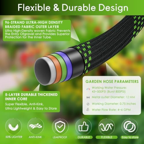 150 ft Garden Hose, 2026 New No Kink Flexible Water Hose 150ft, 10 Function Nozzle, Solid Metal Fittings, Enhanced Multi-layer Construction, Lightweight & Portable for Gardening, Cleaning, Car Washing - Image 2