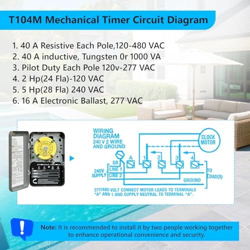 T104 Mechanical Timer Switch,208-277V AC DPST 40A,Pool Pump Switch,Heavy Duty Pool Timers Outdoor,Timer for Lights HVAC Systems,24 Hour 12 ON/Off for Pump, 6 Years Warranty - Image 5