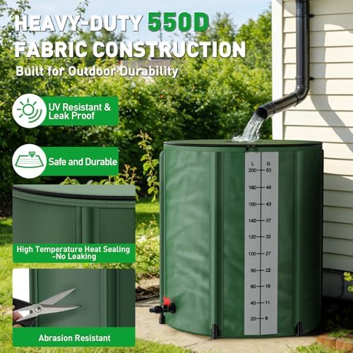 Yesker Collapsible Rain Barrel, 53 Gallon Portable Rainwater Collection System, 550D PVC Water Storage Tank, Rain Catcher with Spigots Filter Overflow Kit, Green - Image 4