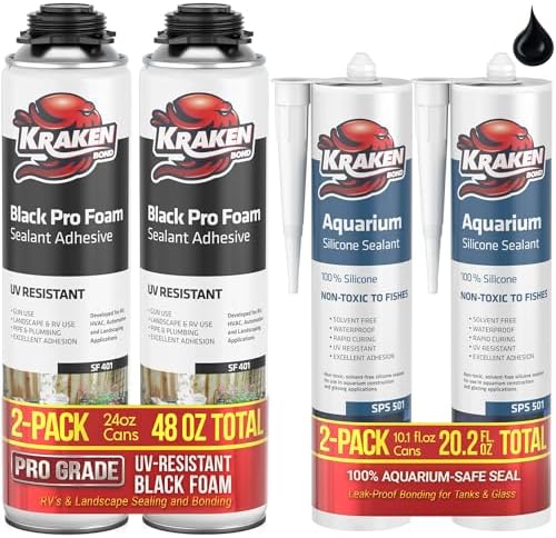 Kraken Bond Black Spray Waterfall Foam Sealant 2x24 oz & Aquarium Silicone Sealant 2x10.1 fl. oz – Bundle for Vivarium, Terrarium, Fountain & Aquascape Background, Foam Gun and Cleaner Not Included by KRAKENBOND
