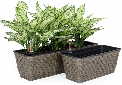 2-Pack Self-Watering Planter - Hand Woven Wicker - Rectangular - Dark Gray by Unknown