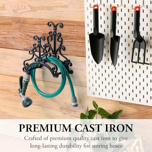 MyGift Brown Heavy Duty Cast Iron Outdoor Garden Hose Hanger Wall Mounted Water Hose Holder Reel with Vintage Scrollwork Design (Floral Pattern) - Image 2