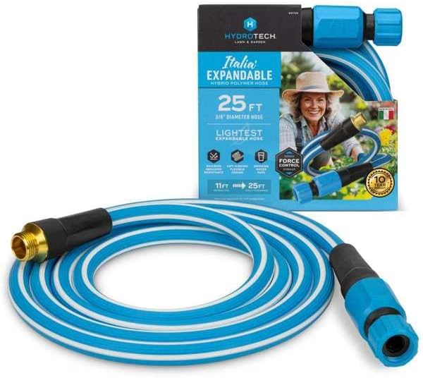 HydroTech Italia Expandable Garden Hose 5/8 in x 25 ft, Hybrid Polymer Water Hose, Kink-Free Flexible Garden Hose with Force Control Technology, Lightweight for Flowers, Plants & Garden Beds, Blue by HydroTech