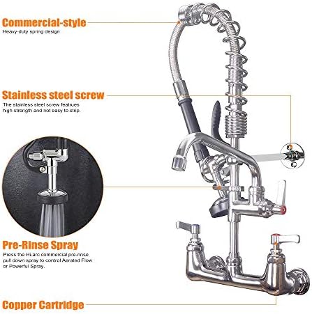 MSTJRY Commercial Faucet with Sprayer 20" Height, 8" Center with 8" Spout Commercial Wall Mount Kitchen Sink Faucet Pre Rinse Sprayer,for 1/2 Compartment Sink (Polished Chrome,Brass) - Image 2