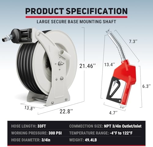 Fuel Hose Reel 3/4" x 33 ft, Retractable Diesel Reel with Nozzle - Image 2