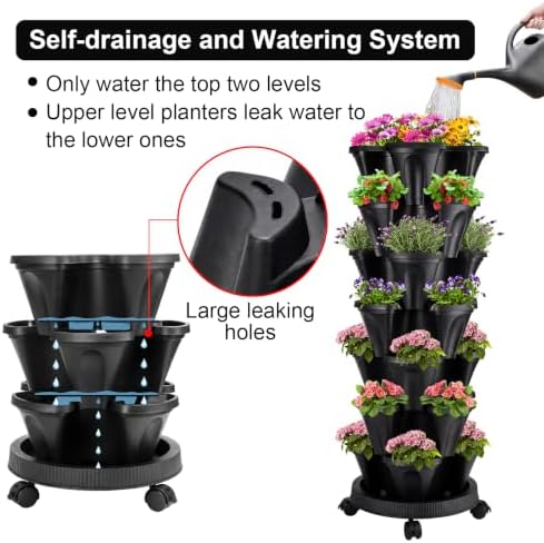 GameXcel Vertical Planter Tower - 7 Tier Stackable Garden Planters with Wheels and Garden Tool Set Plant Pots for Strawberry Herb Flower and Vegetable Indoor Outdoor Use Black - Image 3