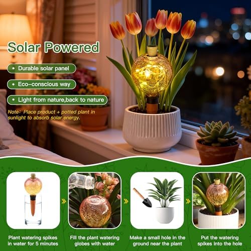 SAVENNA Crackle Glass Plant Watering Globe with Terracotta Spike,Self-Watering Irrigation for Potted Plants, with Solar Accent Light for Indoor & Outdoor Décor, 17oz, Yellow–Pink Gradient - Image 6