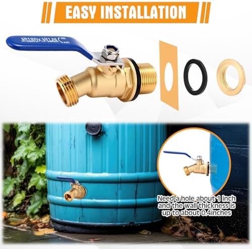 JaGely 3 Pack Brass Rain Barrel Spigot Kit 3/4" Inlet to 3/4"GHT Thread Outlet Water Tank Faucet 55 Gallon Drum Outdoor Rain Bucket Spigot with Bulkhead Fitting, Tape, Traction Rope(Blue) - Image 3