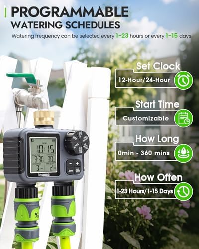 Insoma 2-Zone Sprinkler Timer with Brass Inlet, Water Hose Timer with Auto/Manual Modes + Rain Delay, Big LCD Display, for Garden, Yard Lawn, IPX5 Waterproof & Save Water - Image 3