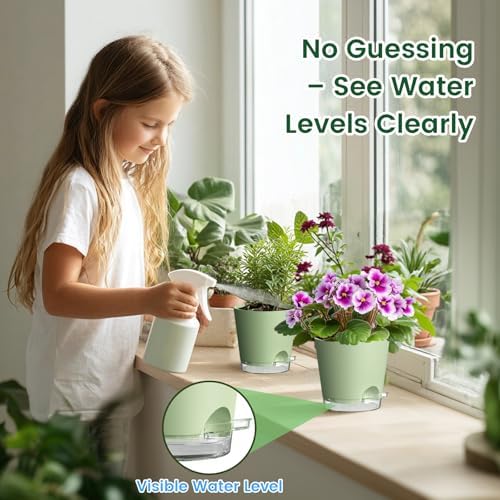 Meowell 7 inch Self Watering Pots for Indoor Plants, 5 Pack Plant Pots with Drainage Holes & Clear Reservoir for Visible Water Level, Plastic Wicking Planter Pots for House Plants and Flower, Green - Image 3