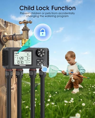 Insoma 4 Zones Sprinkler Timer with Brass Inlet & Outlet, Water Timer for Garden Hose with Auto/Manual/Rain Delay Mode, Hose Timers for Irrigation Watering System for Yard, Lawn, Plant Watering - Image 6