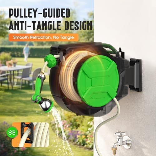 Retractable Garden Hose Reel 1/2" x 100ft, Wall Mounted Water Hose Reel with Auto Rewind, Any Length Lock, 180° Swivel Bracket & 9-Pattern Spray Nozzle, Heavy Duty Outdoor Hose Storage for Garden - Image 2