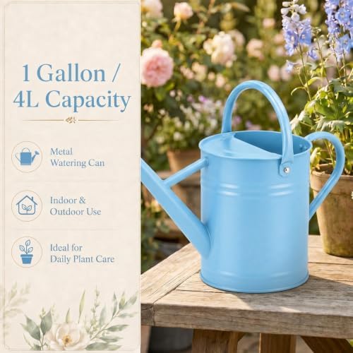 1 Gallon Metal Watering Can for Indoor Outdoor Plants, Sky Blue - Image 7