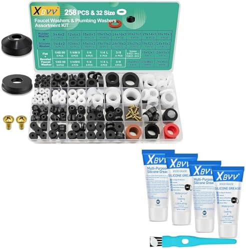 XBVV 4 Pack Silicone Grease and 32 Size 258 PC Faucet and Plumbing Rubber Washers Kit for Assorted Garden Hose Valve Spigot Splitter Outdoor Faucet Shower Gasket Repair by XBVV