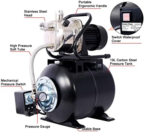 Shallow Well Pump 1.6 H P Water Pump with Pressure Tank 1000 GPH Irrigation Pump Stainless Steel Shallow Well Jet Pump 110V Water Pressure Booster Pump for Home (Black) - Image 6