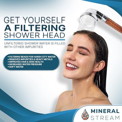 Filtered Shower Head with Handled by MineralStream, High Pressure Water Saving Showerhead with Filter Beads for Hard Water with Rainfall, Jet and Massage settings - Image 3