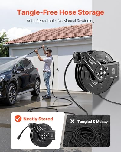 VEVOR Pressure Washer Hose Reel, 60 ft x 1/4 inch Retractable Power Heavy-Duty Steel Washer Hose Reel, 4000PSI Max, Auto-Rewinding, Flexible Wall/Floor Mounted for Car Washing,Garden,Floor Cleaning - Image 2
