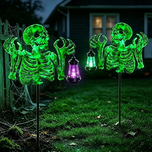 YJFWAL Halloween Skull Decor with Solar Light, 2 Pack Skull Solar Garden Lights Outdoor Waterproof for Family and Friends, Stake Lights with Solar Lanterns Yard Art Outside Patio Garden Decor by YJFWAL