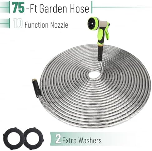 UNCO- Stainless Steel Metal Hose with 10 Functions Spray Nozzle, 75 ft, No Kink, Metal Garden Hose - Image 2