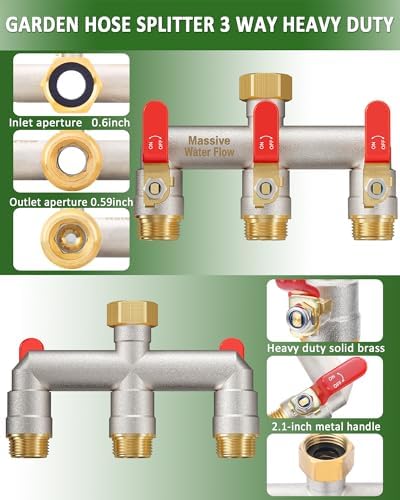 Hose Splitter 3 Way Heavy Duty Full Flow Brass Nickel Plated Outdoor Faucet and Garden Connector - Water Spigot Splitter - T Adapter with Shut-Off Valve, 3/4 - Inch GHT Thread（Red） - Image 4