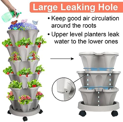 GameXcel Vertical Planter Tower - 6 Tier Stackable Garden Planters with Wheels and Garden Tool Set Plant Pots for Strawberry Herb Flower and Vegetable Indoor Outdoor Use Gray - Image 6