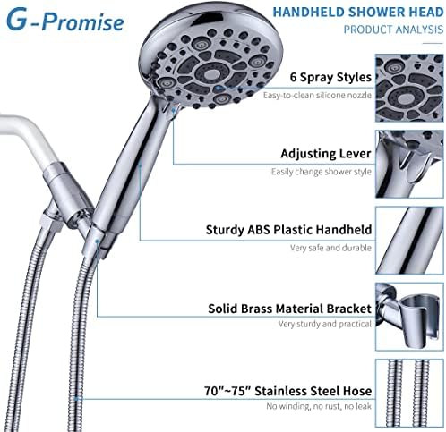G-Promise High Pressure 6 Mode Hand Held Shower Head with Extra Long Hose - Image 2