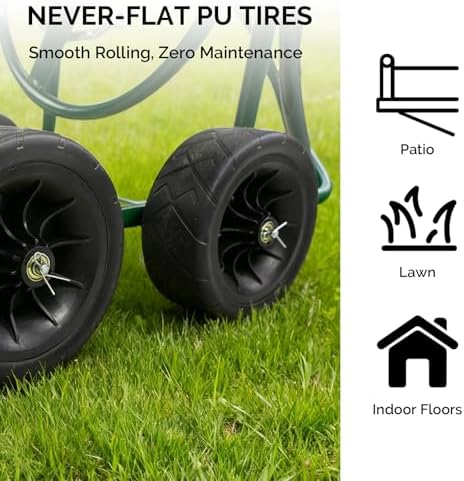 VINGLI 4-Wheel Garden Hose Reel Cart with Storage Basket, Portable Residential Hose Reel Cart, Lawn Watering, for Garden Backyard and Farm (Green 250FT) - Image 4