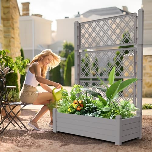 Vixzen 59" Tall Raised Garden Bed,Outdoor Large Resin Planter Box with Trellis and Drain Plug for Climbing Plants,Easy to Assemble,Water Monitor Grey, 43.43"×18.27"×59.29" - Image 2