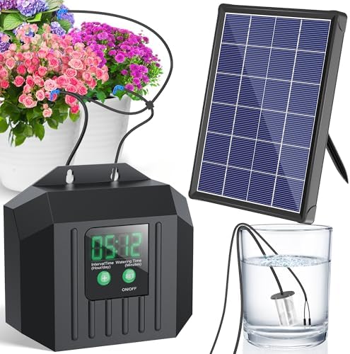 NFESOLAR 4W Solar Powered Automatic Drip Irrigation Kit with LCD Timer, Customizable Watering Duration 1–30min & Interval 3h–7d, Solar Irrigation System for 15 Potted Plants, Garden, Patio, Vacation by NFESOLAR