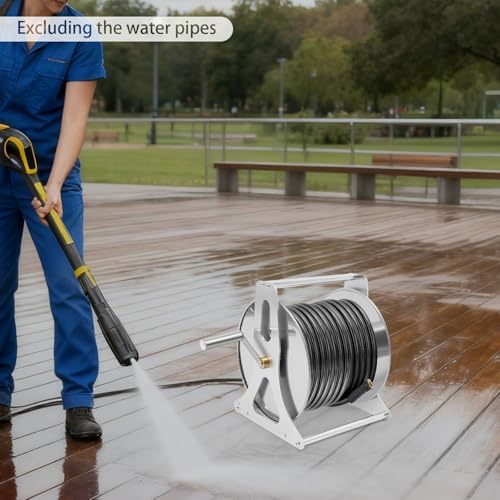 Stainless Steel Garden Hose Reel, Heavy Duty Wall Mount/Floor Stand, Water Hose Storage Rack, Holds 164ft 1/2 Inch Hose, with Crank Handle & Brass Connector for Outdoor Yard Lawn Garden - Image 2