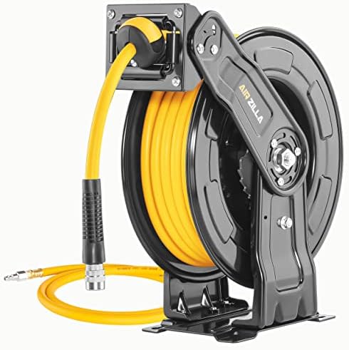 AIRZILLA Premium Steel Retractable Air Hose Reel With Dual Arm, 3/8"x50Ft Hybrid Polymer Hose, Heavy Duty Air Hose Reel included Auto Rewind Reel | Quick Air Coupler | Durable Double side Frame. by AIRZILLA