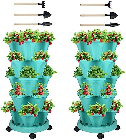 GameXcel Vertical Planter Tower - 5 Tier Stackable Garden Planters with Wheels and Tools Plant Pots for Strawberry Herb Flower and Vegetable Indoor Outdoor Use Teal 2 Pack by GameXcel