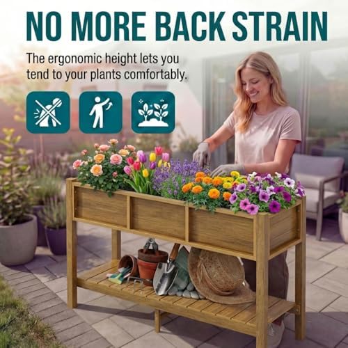 YITAHOME Raised Garden Bed Outdoor HDPE with Shelf, 48x18x30in Poly-Wood Weather-Resistant Elevated Planter Box with Legs for Vegetable Flower, Herb Garden Bed for Backyard Balcony Garden, Brown - Image 6