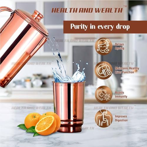 HEALTHANDWEALTH™ Pure Copper Water Jug with 2 Tumblers | 1.5 L Ayurvedic Drinking Water Pitcher | Improves Digestion, Boosts Immunity | Made in India - Image 5