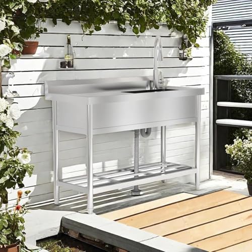 47"x37"x42.5" Stainless Steel Utility Sink, Freestanding Single Bowl with Hot & Cold Water Faucet, Commercial Kitchen Laundry Bathroom Garage Garden Sink - Image 5