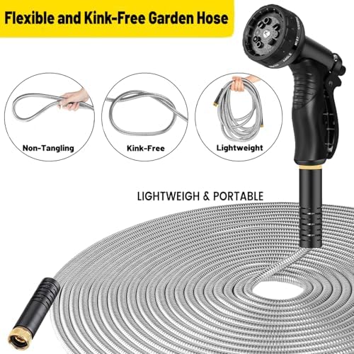 Garden Hose 100 ft, Heavy Duty Stainless Steel Metal Water Hose with 8 Function Nozzle, No Kink, Leak-proof and Lightweight, Easy to Use and Sturdy, Puncture-Proof Outdoor Yard Hose - Image 2