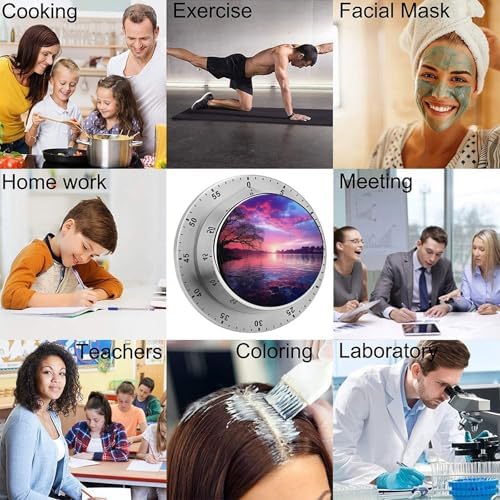 Stainless Steel Mechanical Purple Sunset on Water Printed Timer with Magnet, Manual Dial Timer for Kitchen, Shower, Study and Daily Tasks - Image 5