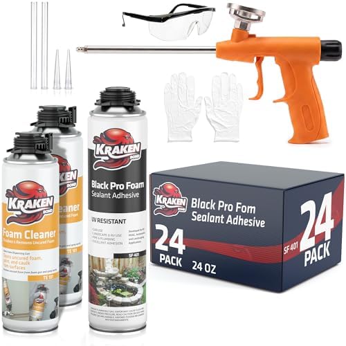 Kraken Bond Black Spray Waterfall Foam Sealant - (24x24oz) Expanding Polyurethane Pond Foam Sealer Black, UV Resistant Insulating Spray for Landscape & Exterior, Gun Use, Gun Included, 24 Pack by KRAKENBOND