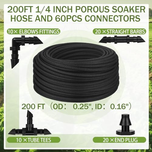 1/4 Inch Soaker Hose Irrigation Hose Drip Hose for Garden Heavy Duty Drip Irrigation Tubing with Hose Connector Set or Watering Planters Flower Vegetable Lawn Yard Landscaping, Black (200 ft) - Image 2