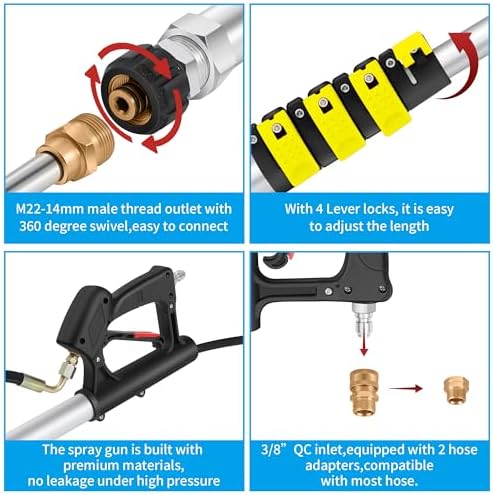 24 FT Telescoping Pressure Washer Extension Wand, Aluminum Power Washer Extension Wand with Turbo Nozzle & Brush Head, Solar Panel Cleaner Pole, 7 Nozzle Tips, 3 Adapters & Harness - Image 5