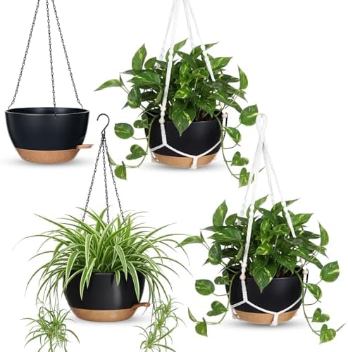 Sliner Set of 4-12 Inch Self Watering Hanging Planters Includes Hanging Pots and Outdoor Hanger Plant Pots with Drainage Holes 2 Types of Hanger Basket Hooks for Patio Garden(Black Brown) by Sliner