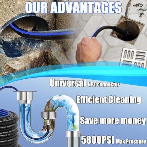 Sewer Jetter Kit for Pressure Washer(200FT),1/4" NPT Drain Cleaner Hose 5800PSI with 3 Sewer Jet Nozzles，Pearl Corsage Pin，Marking Ring,Spray Nozzle，Teflon Tape&Gloves - Image 3