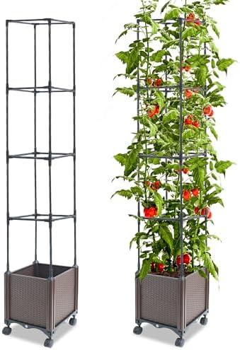 Quibbay Raised Garden Bed Planter Box with Trellis, 62.2" Self-Watering Tomato Planters for Climbing Plants Vine Flowers Outdoor Patio, Tomatoes Cage with Trellis Wheels for Outdoor, 1Pack by Unknown