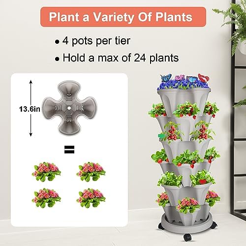 GameXcel Vertical Planter Tower - 6 Tier Stackable Garden Planters with Wheels and Garden Tool Set Plant Pots for Strawberry Herb Flower and Vegetable Indoor Outdoor Use Gray - Image 3
