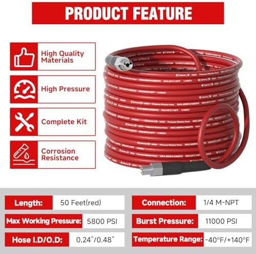 NIFUAL Sewer Jetter Kit for Pressure Washer,50FT 5800PSI Pressure Drain Cleaner 1/4 Inch NPT Corner Rotating and Button Hose Sewer Jetting Nozzle for Homeowners & DIYers (50FT) - Image 6