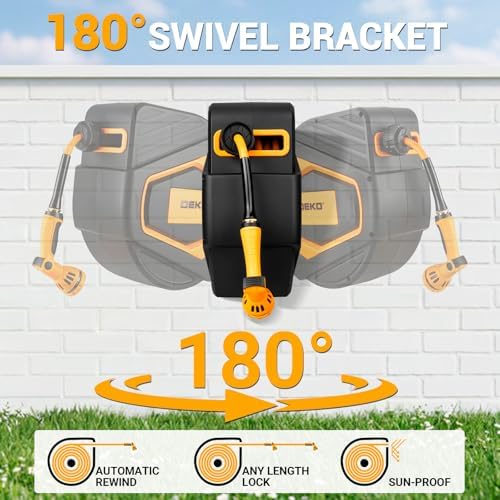 Retractable Garden Hose Reel:100 ft x 1/2 inch, Garden Hose Reel with 9-Pattern Nozzle, 180°Swivel Bracket Wall-Mounted, Automatic Rewind, Lock at Any Length, with Slow Return System - Image 2