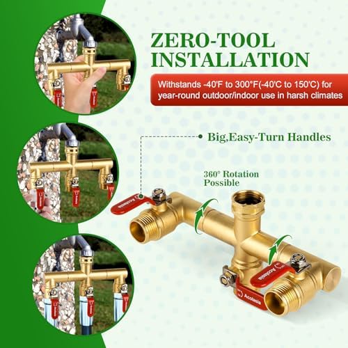 Hose Splitter 3 Way Heavy Duty Brass Garden Hose Splitter with 360° Rotatable, 304 Stainless Steel Long Handle Outdoor Full Flow Hose Splitter Connector, 3/4" GHT Thread - Image 2